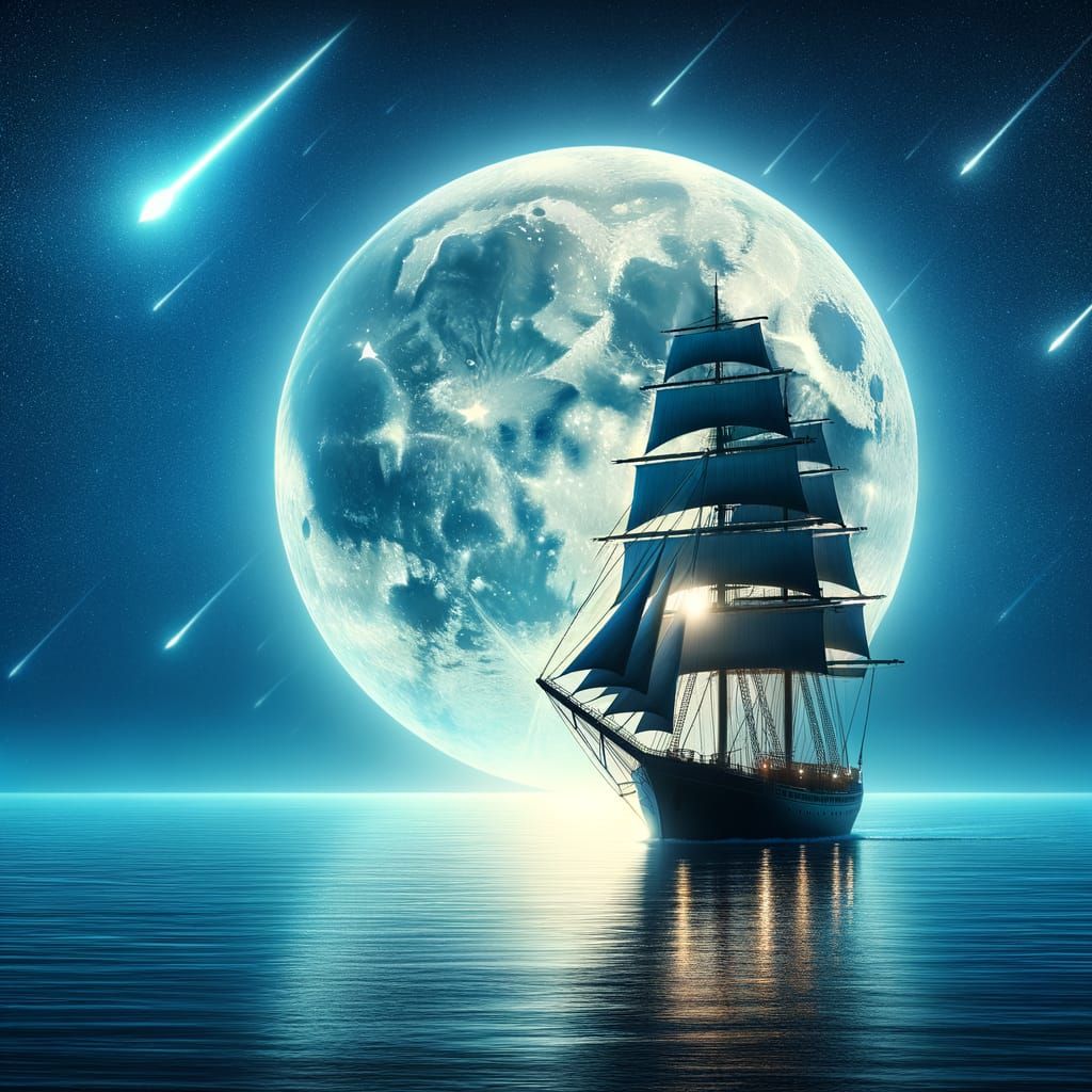 Sailing Boat Under Full Moon with Shooting Star