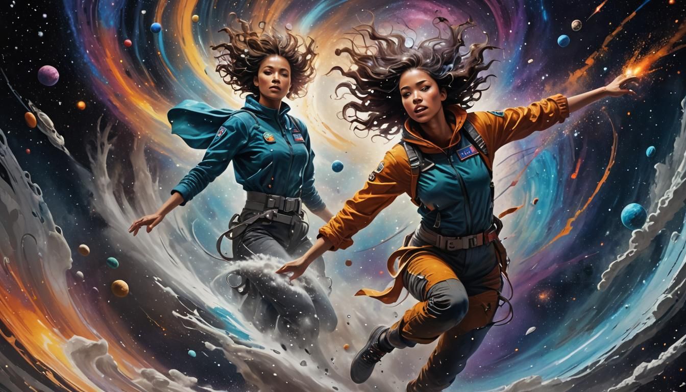 Woman Flying Through Space in Sci-Fi Style