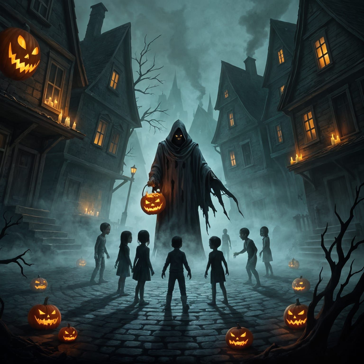 Haunted Village Square with Spectral Figures