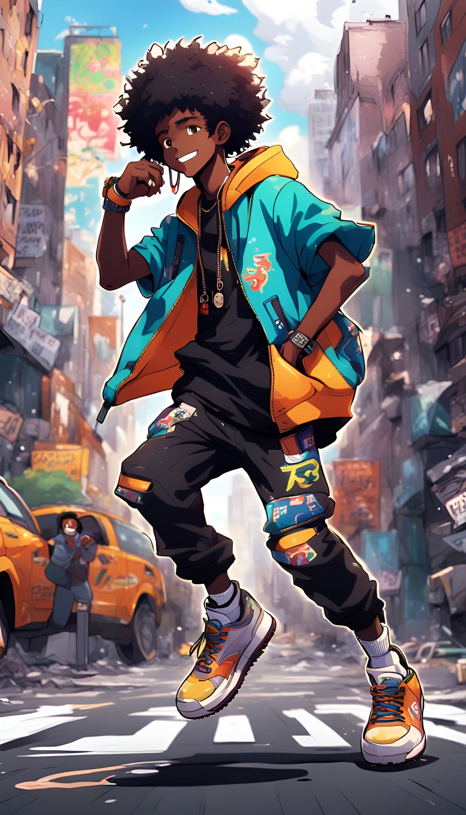 Joyful Boy Dancing in Anime-Style Graffiti Street