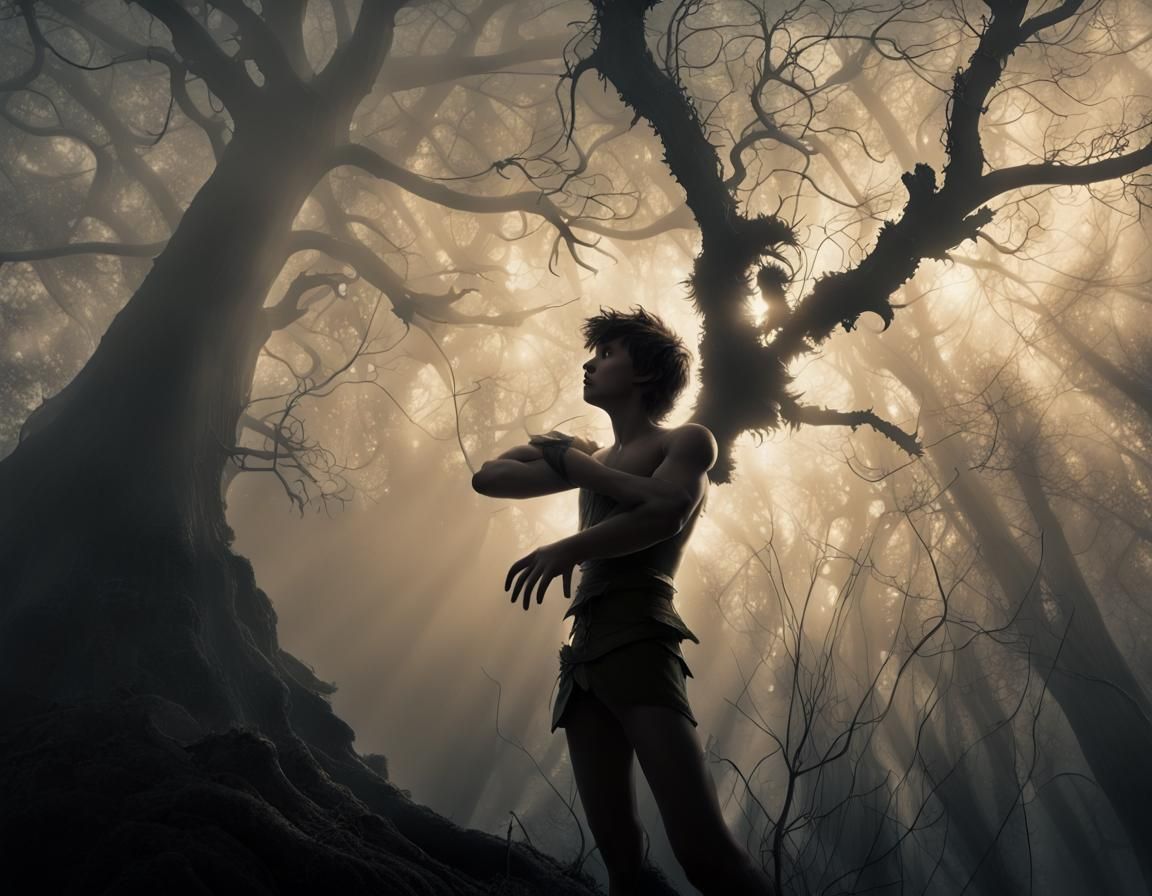 Peter Pan in Misty Forest: Dark Whimsical Photography