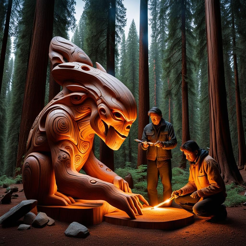 an alien wood sculptor is start carving a sequoia into the s...