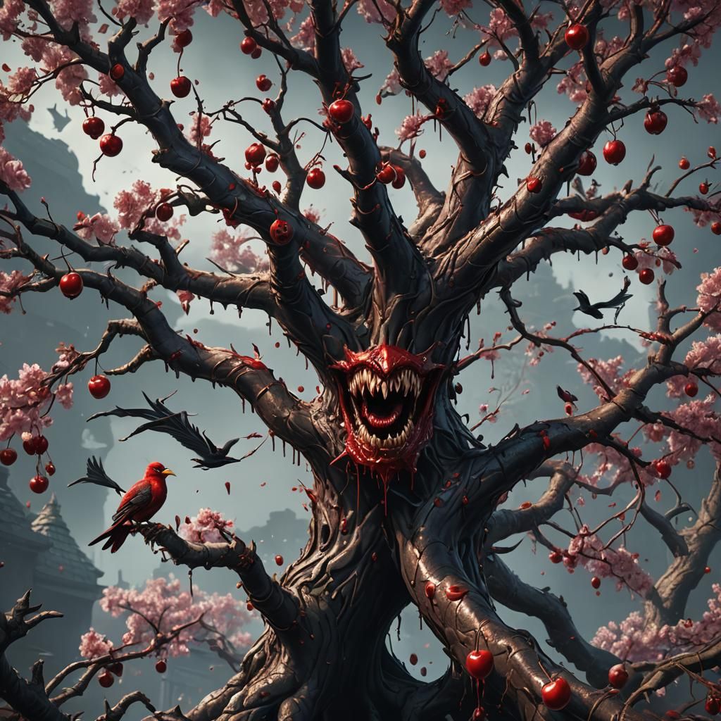 Terrifying Cherry Tree Devouring a Bird