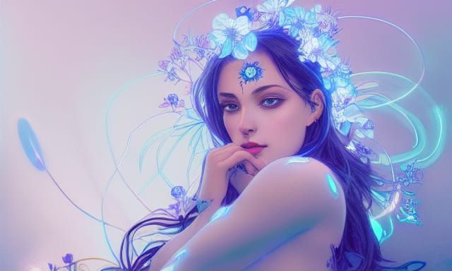 Bioluminescent Neon Flower Goddess Portrait
