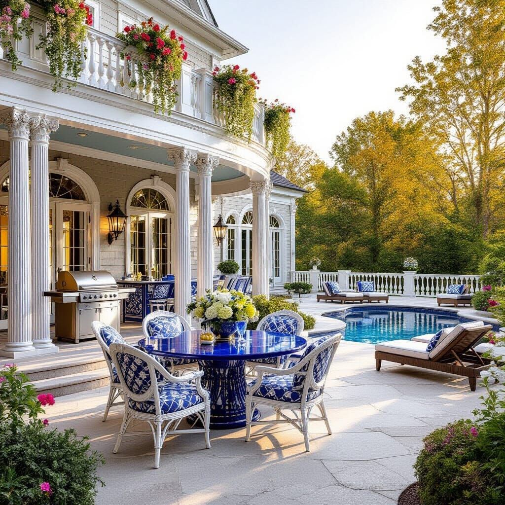 Grand House with Wrap-Around Patio in Golden Hour