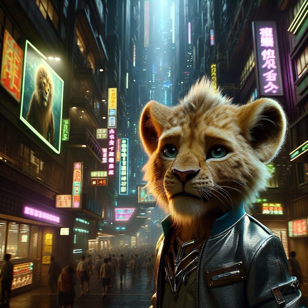 Cyberpunk Lion Cub in Dystopian Metropolis