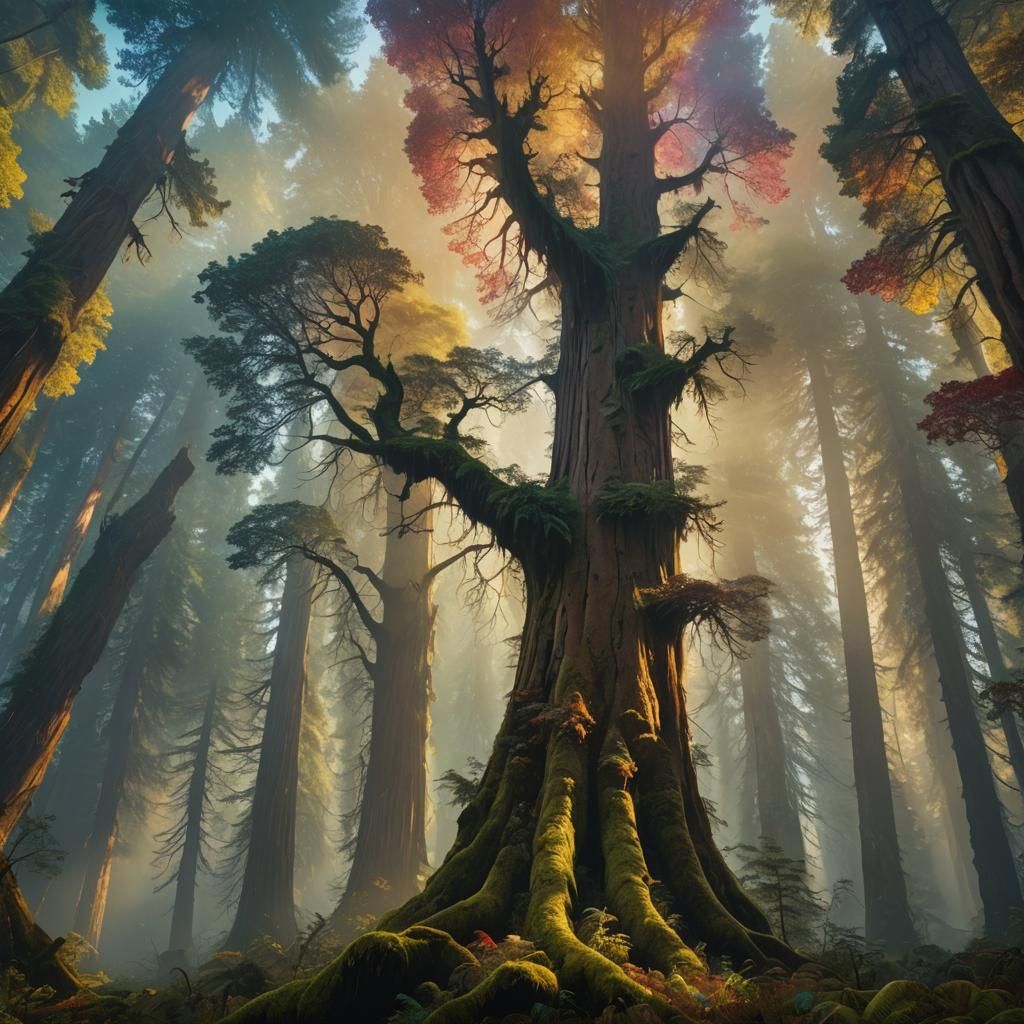 Ethereal Baroque Fantasy Landscape with Towering Redwoods, V...