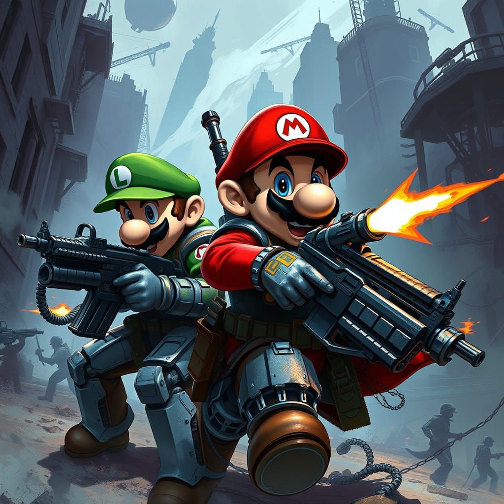 Mario and Luigi as Mercenaries in Gritty Cyberpunk Style