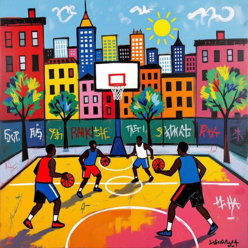 Basketball Game in Urban Basquiat-Inspired Style