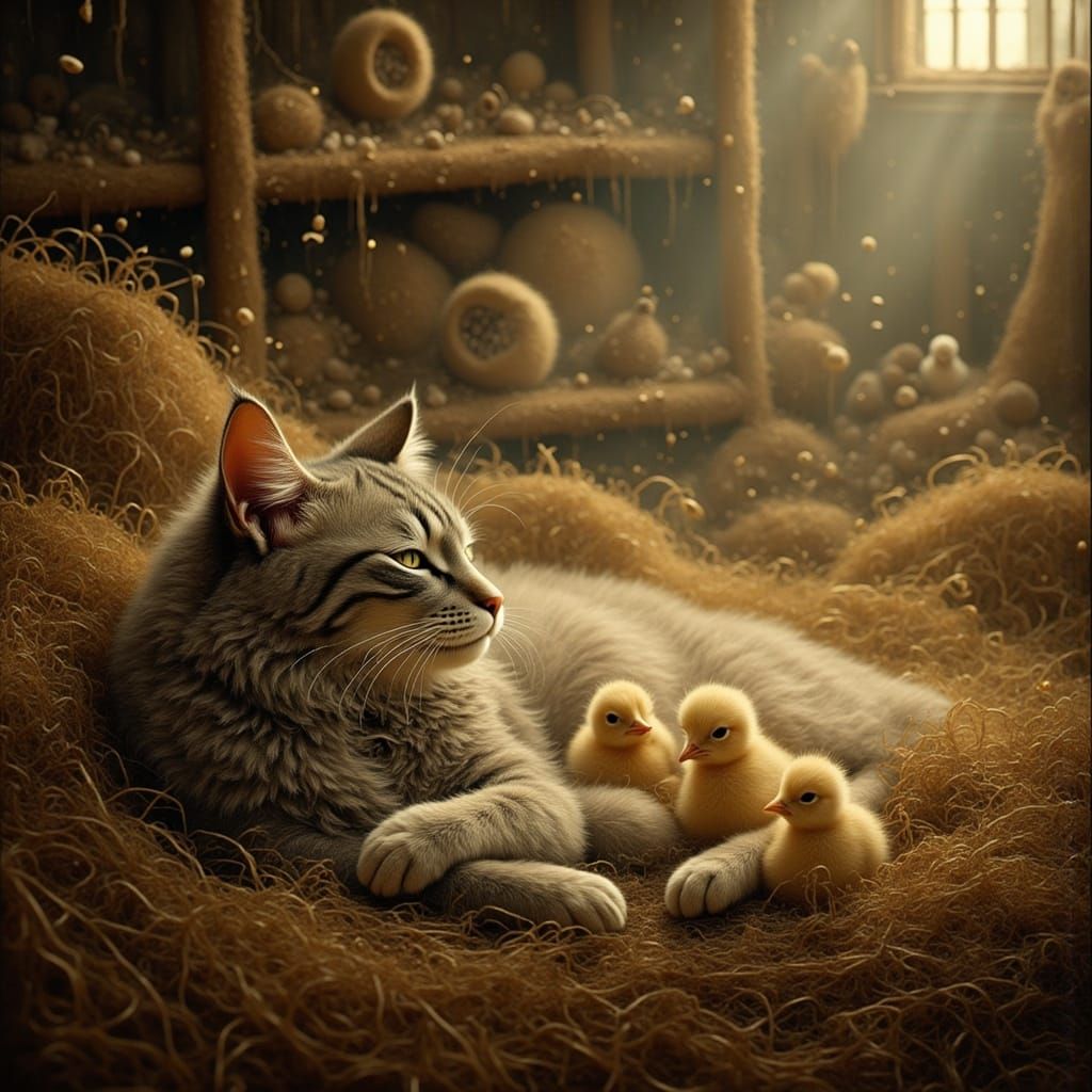 Tabby Farm Cat Sleeps with Chicks in Barn
