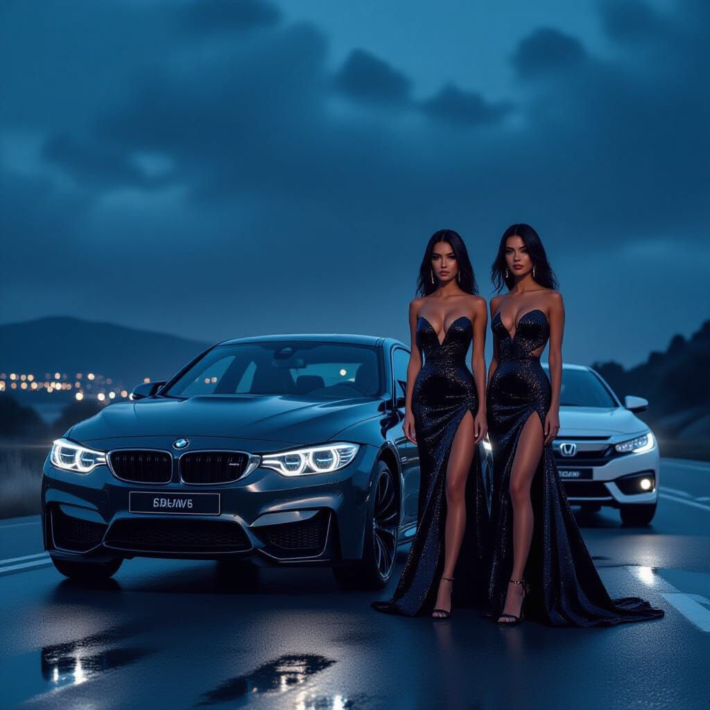 BMW at Night with Women in Cyberpunk Style