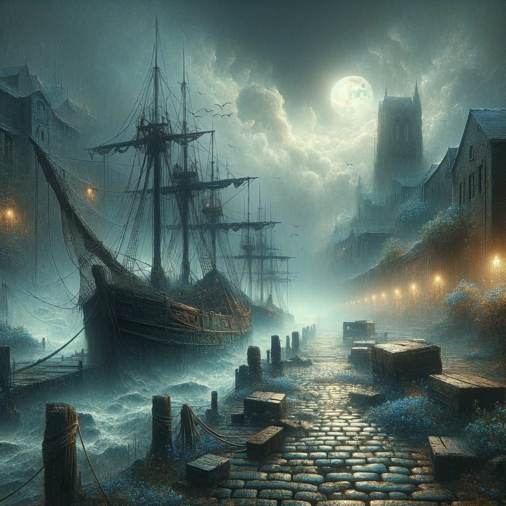 Moonlit Abandoned Port Town with Wildflowers