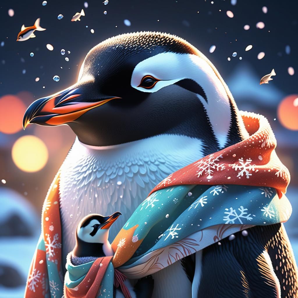 Happy Penguin Family in 3D Anime Style