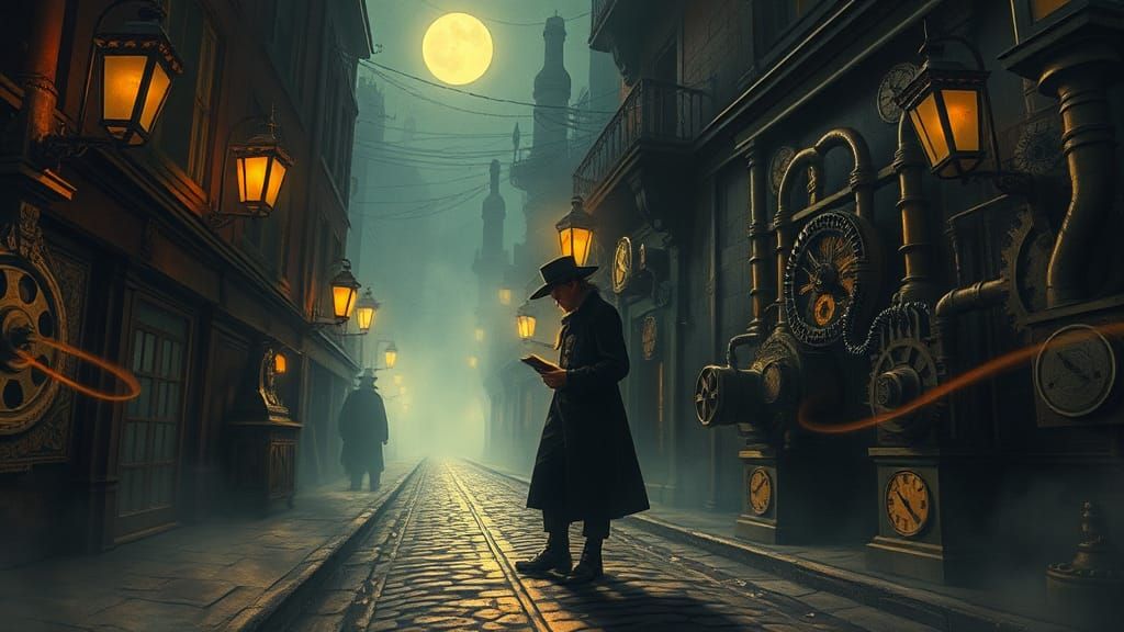 Steampunk Inventor in Victorian London Alleyway