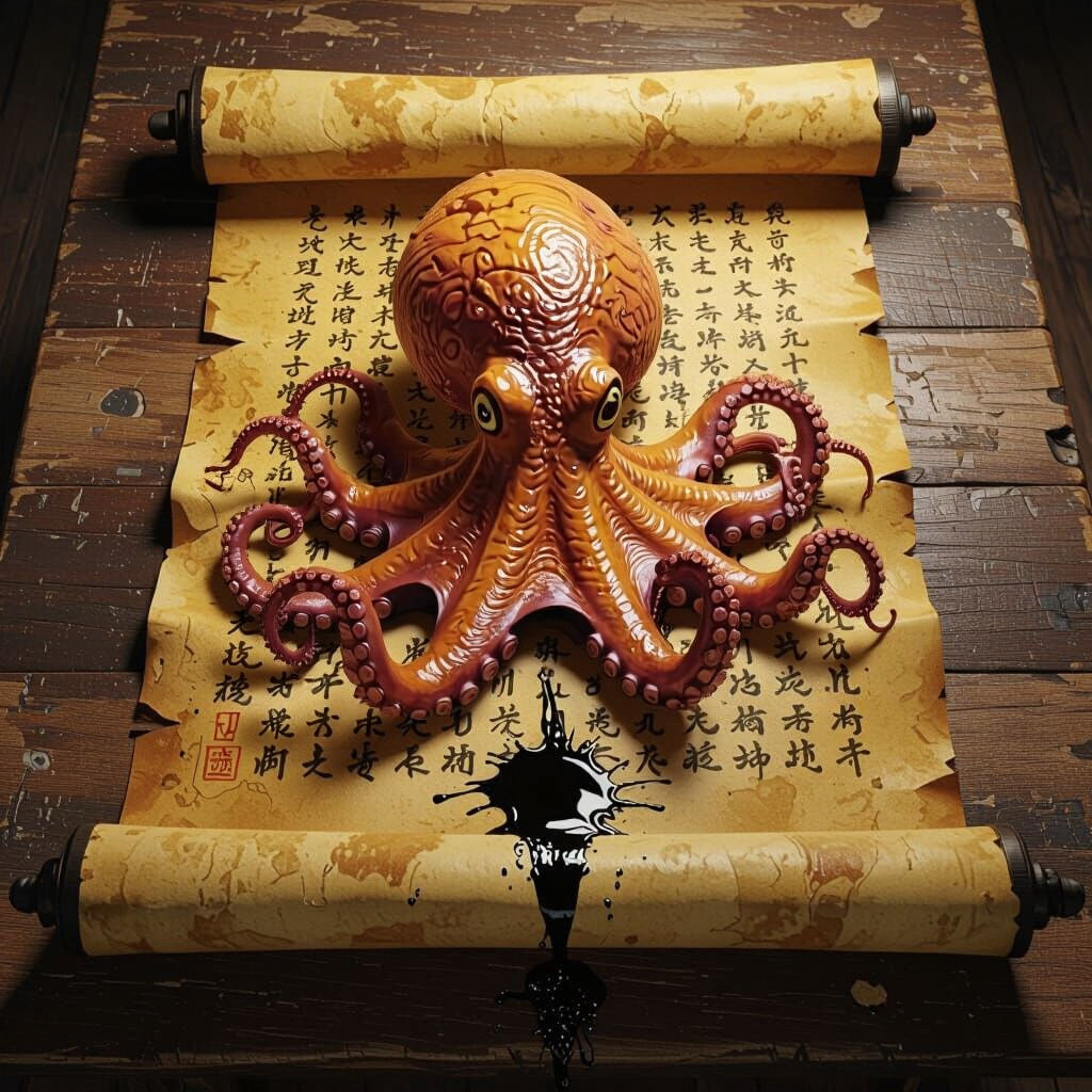 Ancient Scroll with Emerging Octopus in 8K