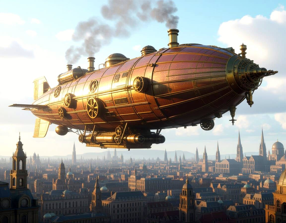 Colossal Steampunk Airship Over Victorian City