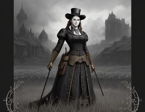 Steampunk Woman in Field: Beatrix Potter Style