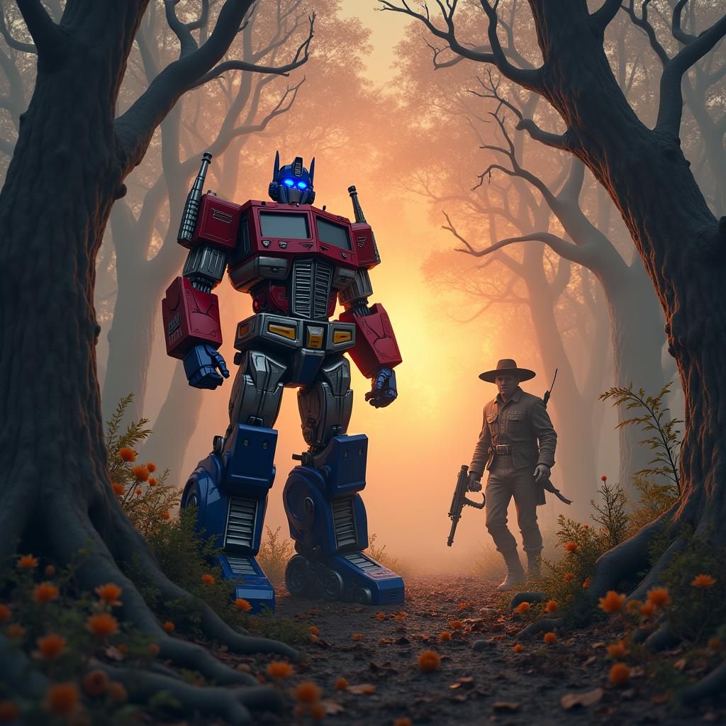 Optimus Prime and Elmer Fudd in Dramatic Forest