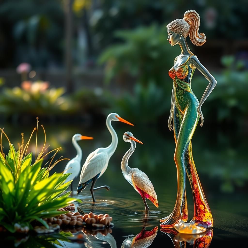 Enameled Glass Fashion Model and Herons by Lake