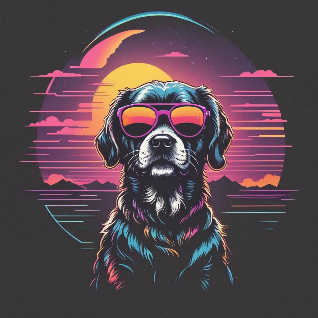 Synthwave Dog T-Shirt Design with Sunset