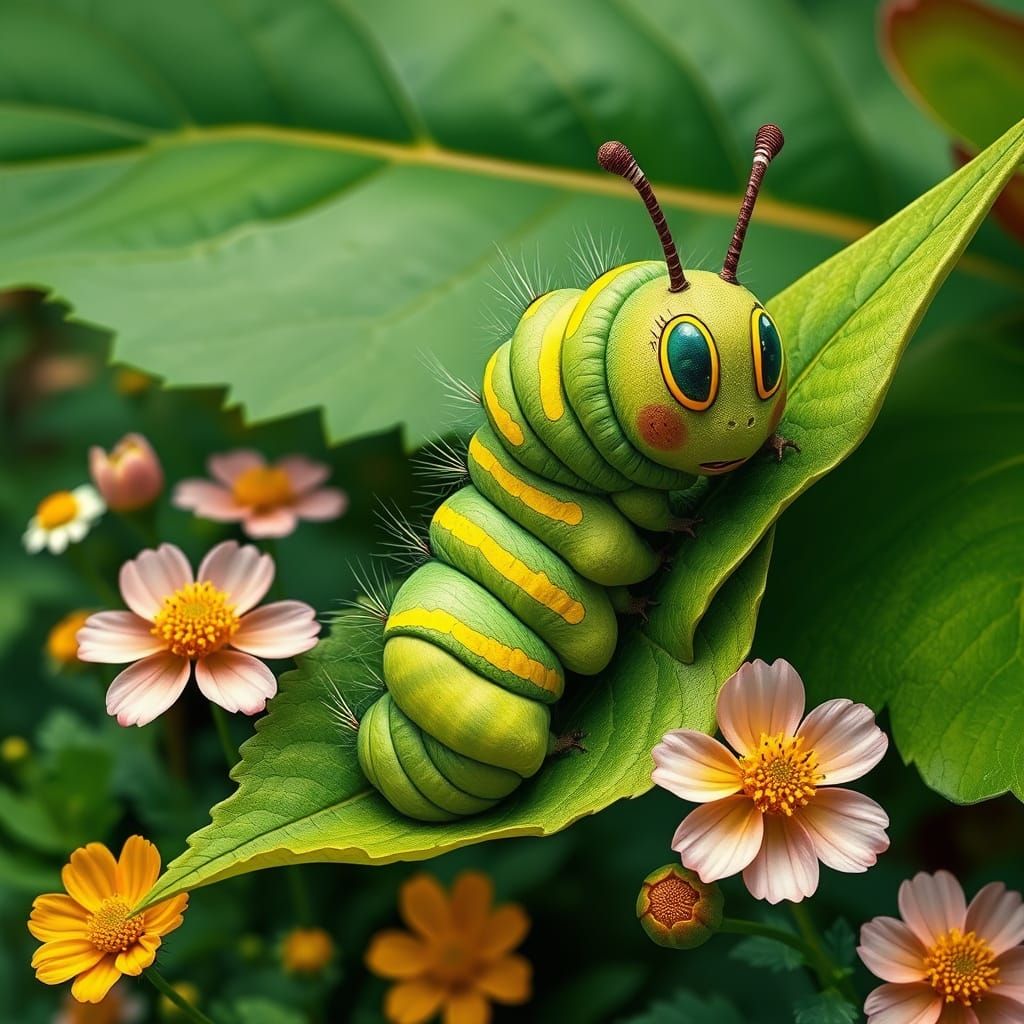 Whimsical Caterpillar Illustration with Intricate Textures