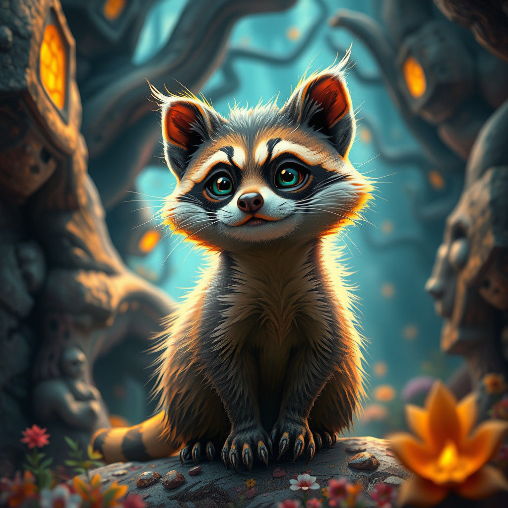 Whimsical Racocat in a Detailed Fantasy Matte Painting