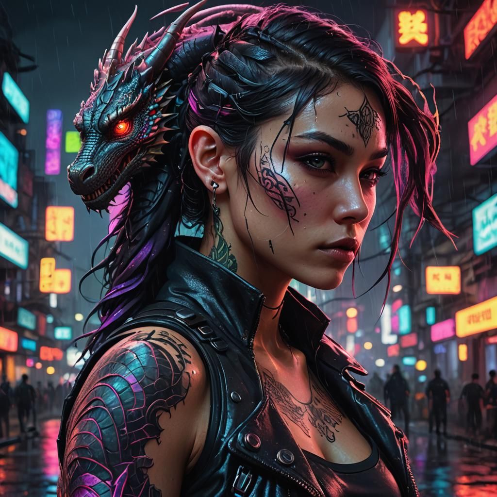 Warrior Girl with Dragon Tattoo in Cyberpunk City