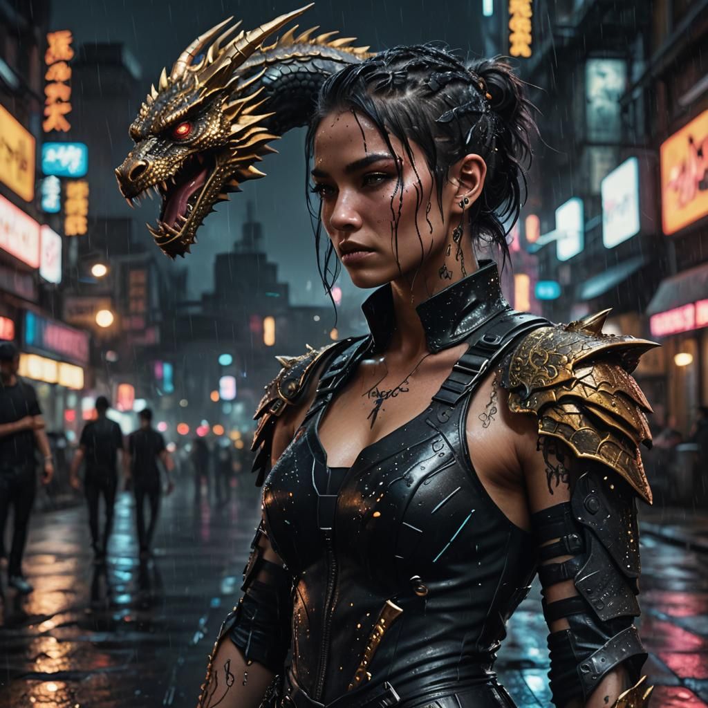 Cyberpunk Warrior with Dragon Tattoo in Neon City