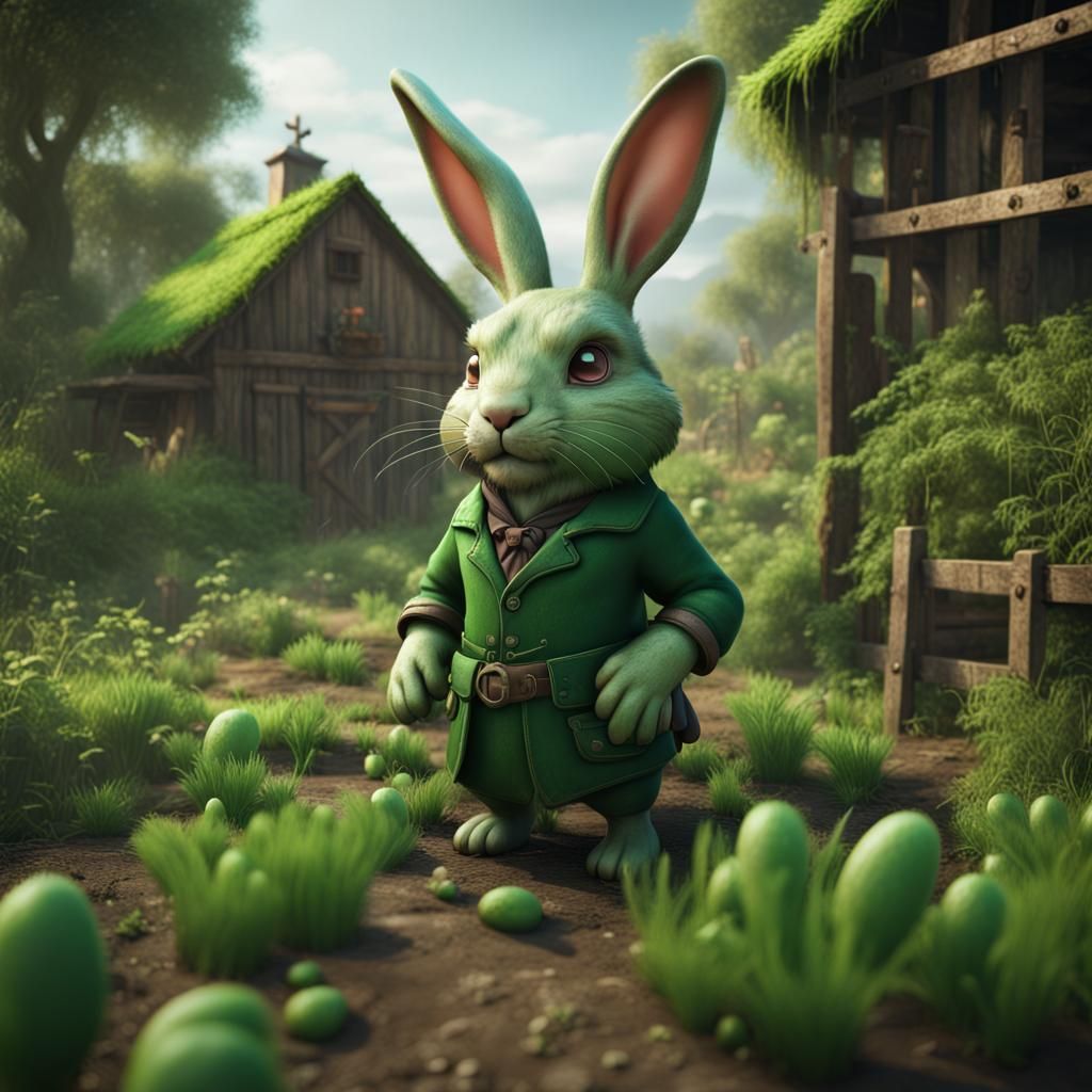 Fantastical Green Rabbit in Farm Setting