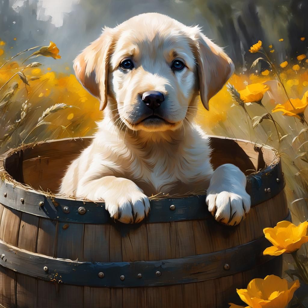 Labrador Puppy in Barrel: Detailed Matte Painting