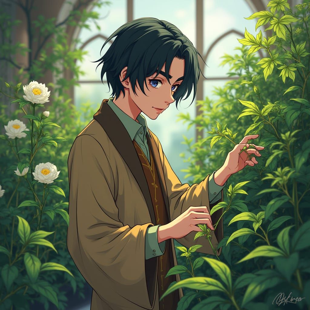 Neville Longbottom in the greenhouse at Hogwarts