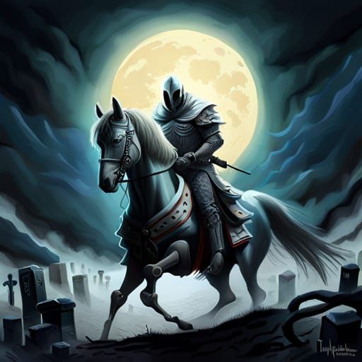 Armored Knight Rides Skeletal Horse Through Graveyard