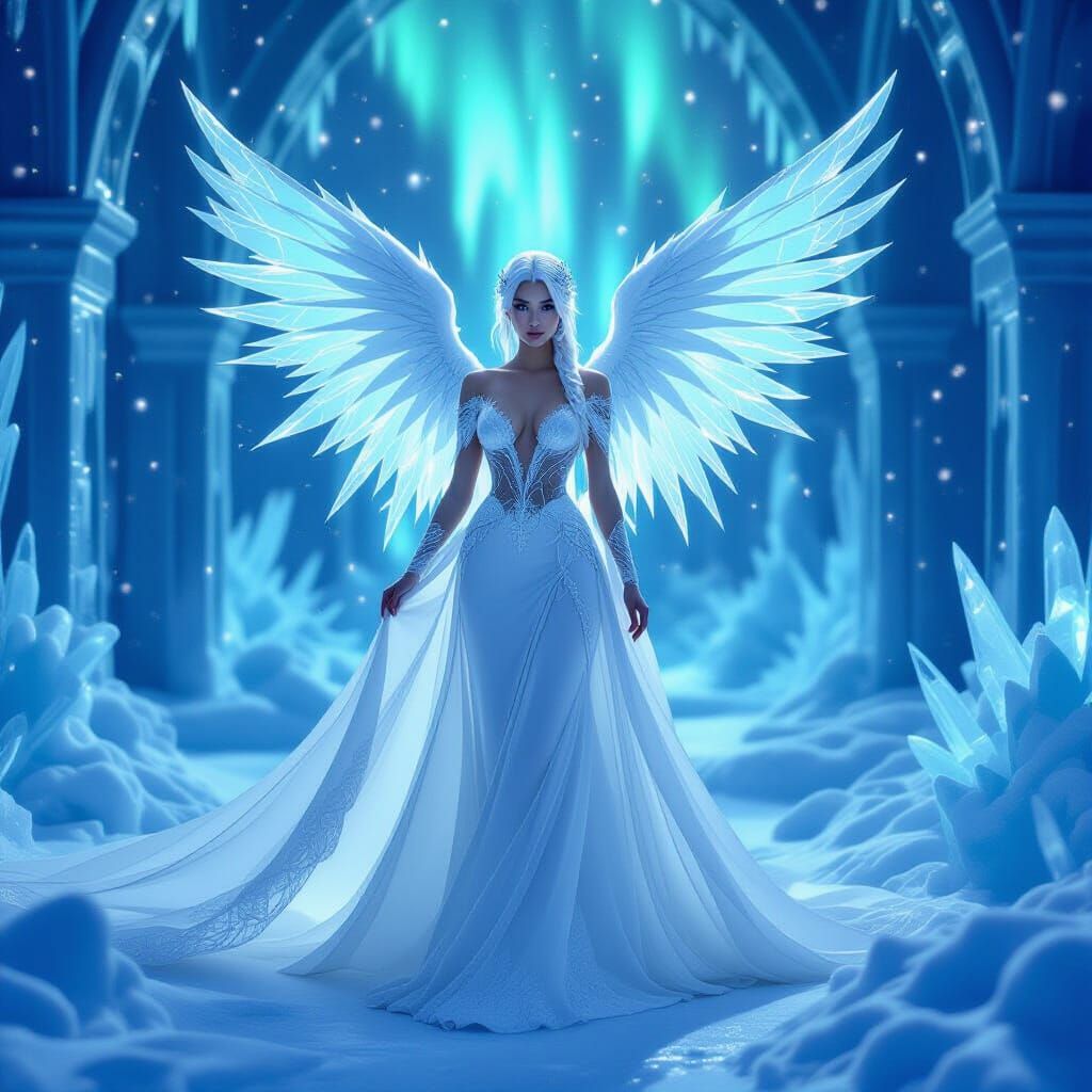 Ice Queen in Frozen Palace with Northern Lights