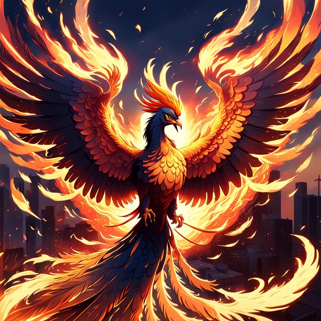 Fiery Phoenix Spreads Wings in Anime Sunset