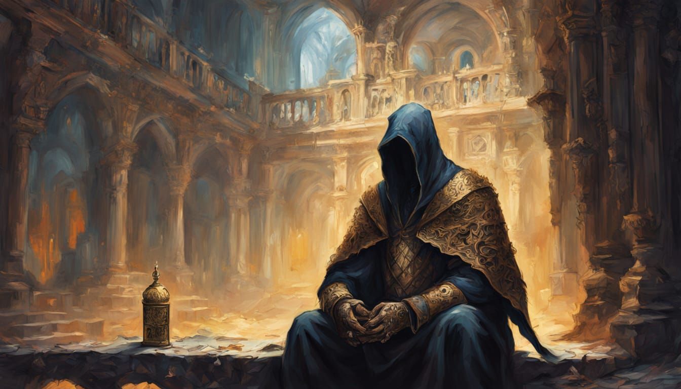 Fantasy Character Holding Card in Shadowy Atmosphere