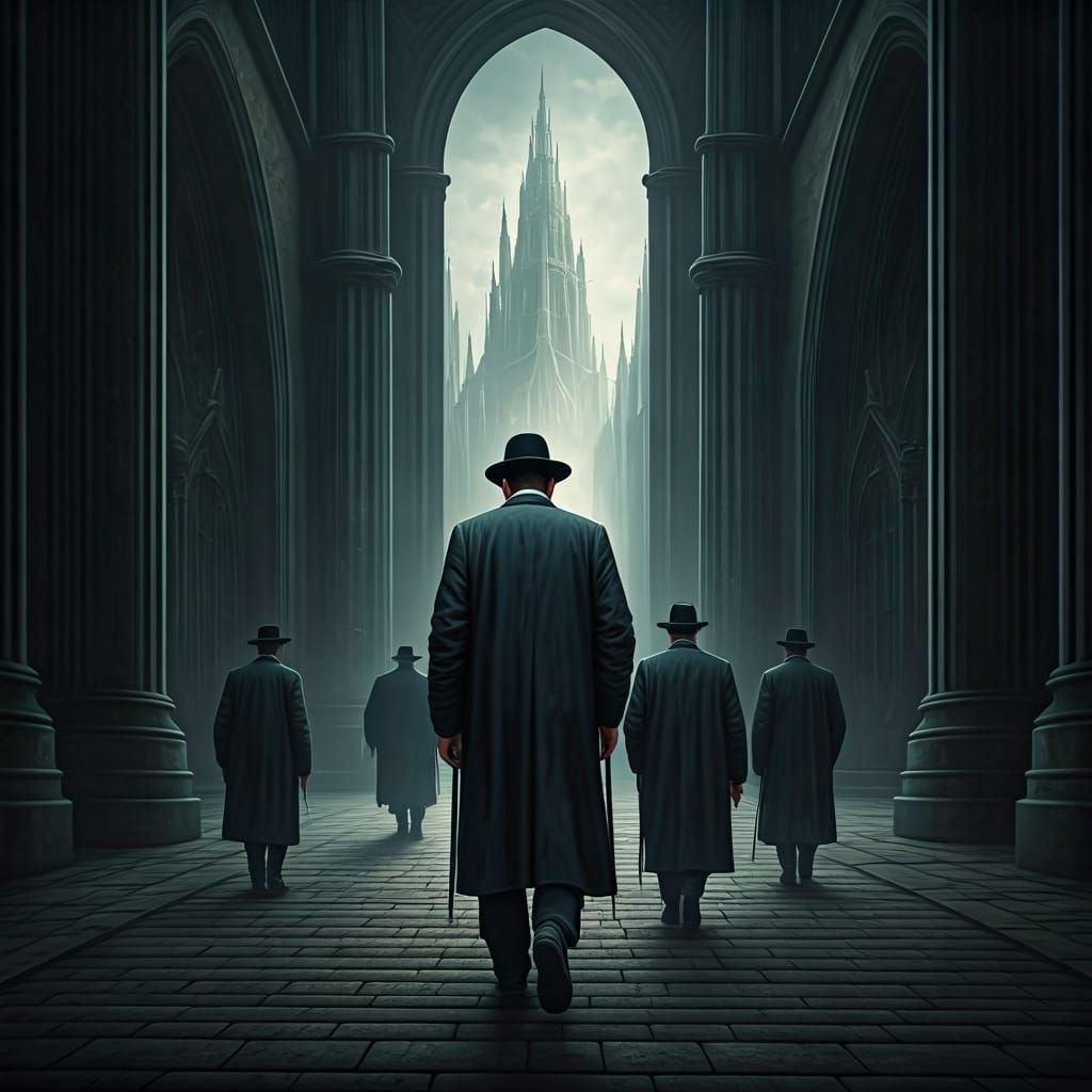 Torah Students in Gothic Cityscape, Dark and Misty