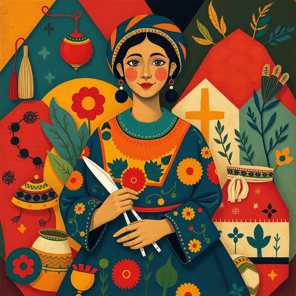 Folk Art Woman Surrounded by Colorful Trinkets