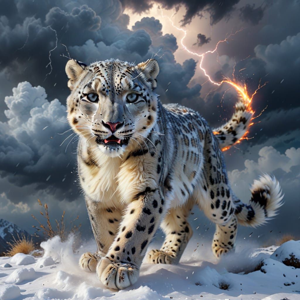 Snow Leopard Runs From Vivid Triadic Storm Cloud