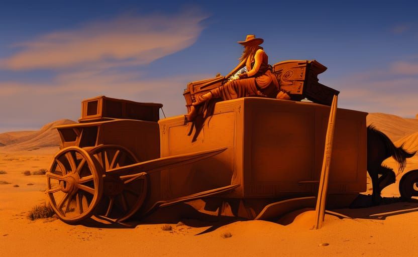 Desert Bandit Cowgirl Guarding Stagecoach Wreckage