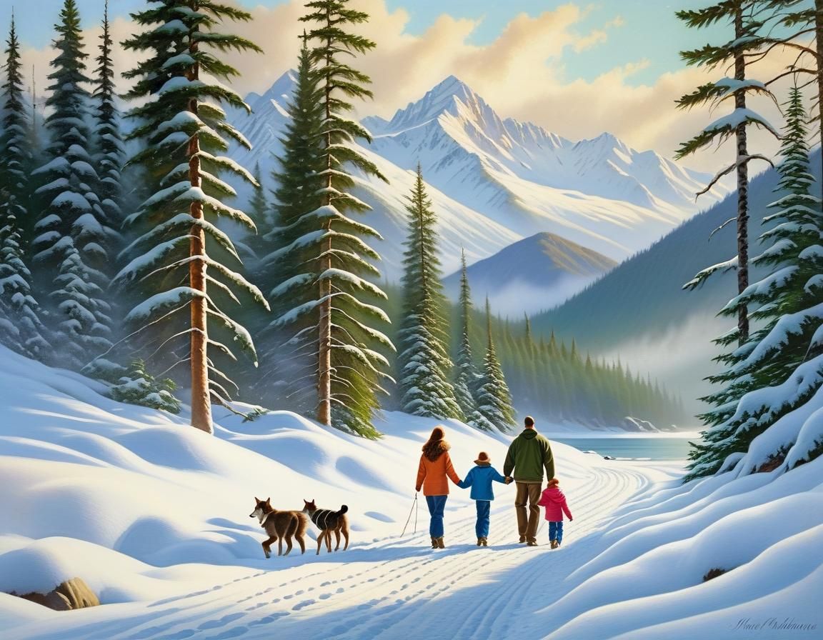 Alaskan Family Stroll on Snowy Beach