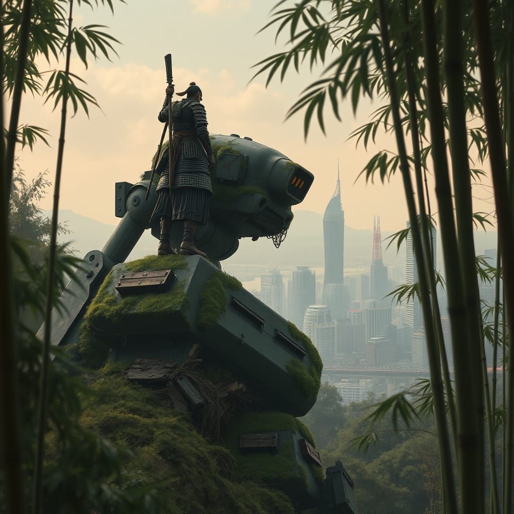 Samurai on Dormant Mech in Futuristic Landscape