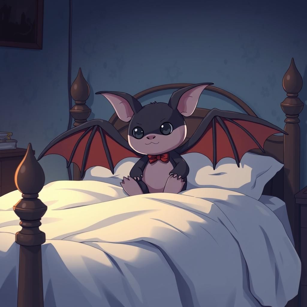 Stuffed Bat on Gothic Bed, Anime Style