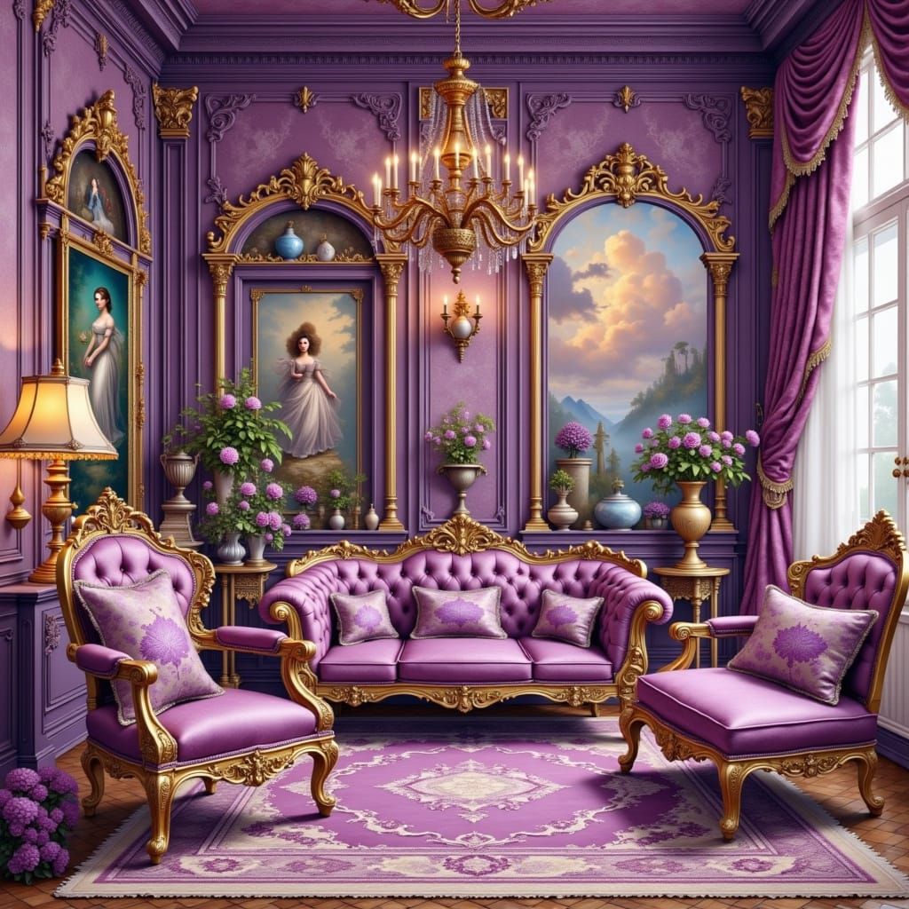 Extravagant French Baroque Parlor in Rich Purple Hues