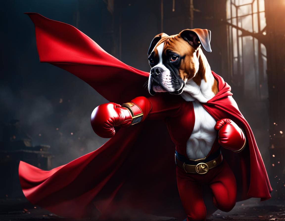 Boxer Dog Superhero Saving Puppy: Detailed Matte Painting