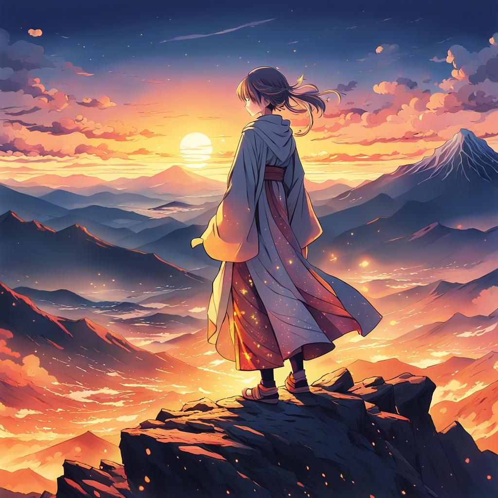 Anime Spiritual Being on Mountain Peak at Sunset