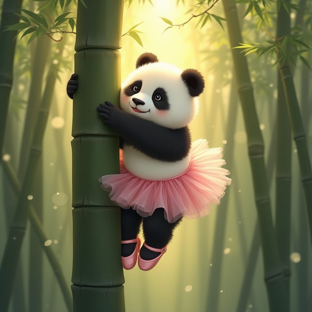 Realistic Panda Cub in Tutu on Bamboo Tree