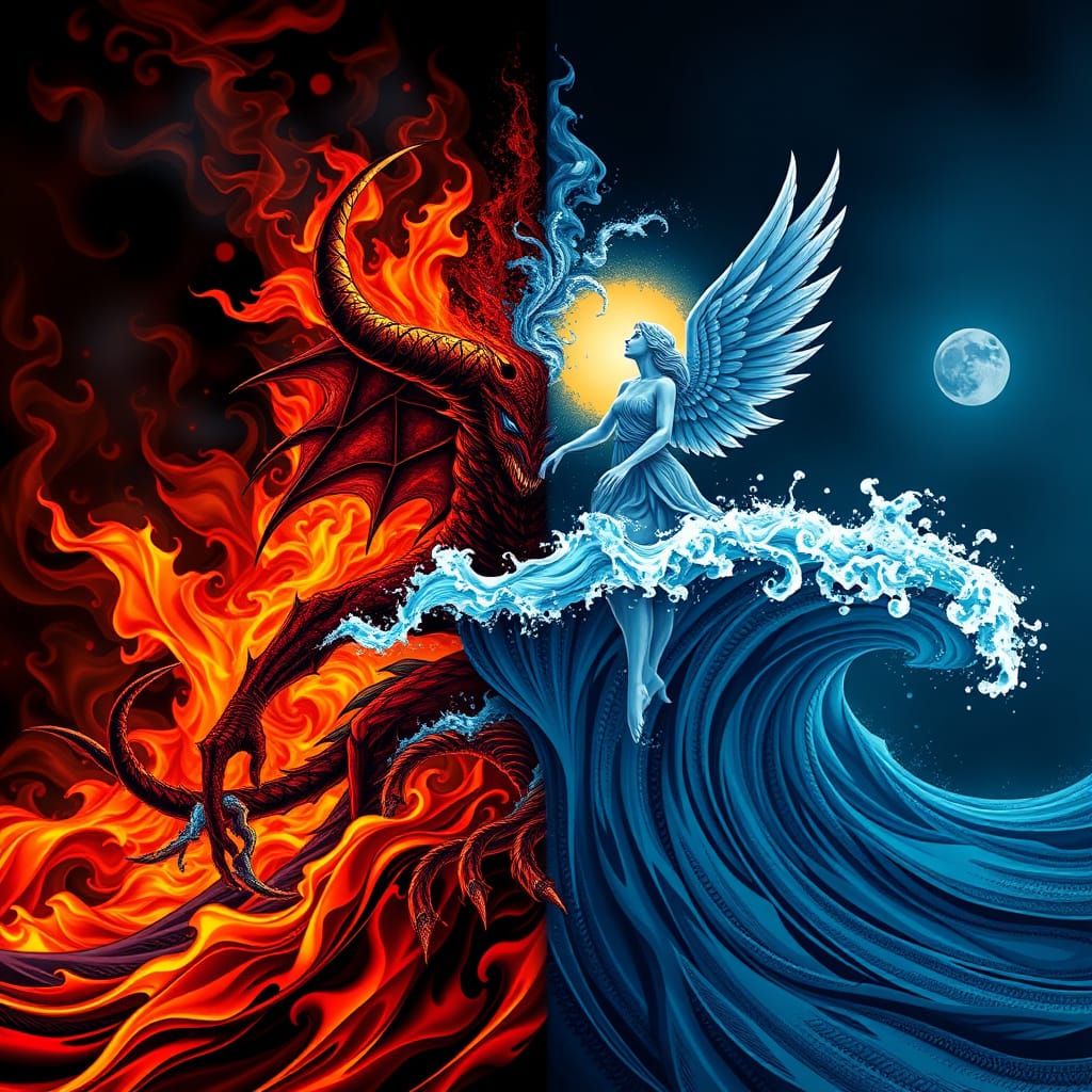 Fire Demon and Water Angel Split Screen