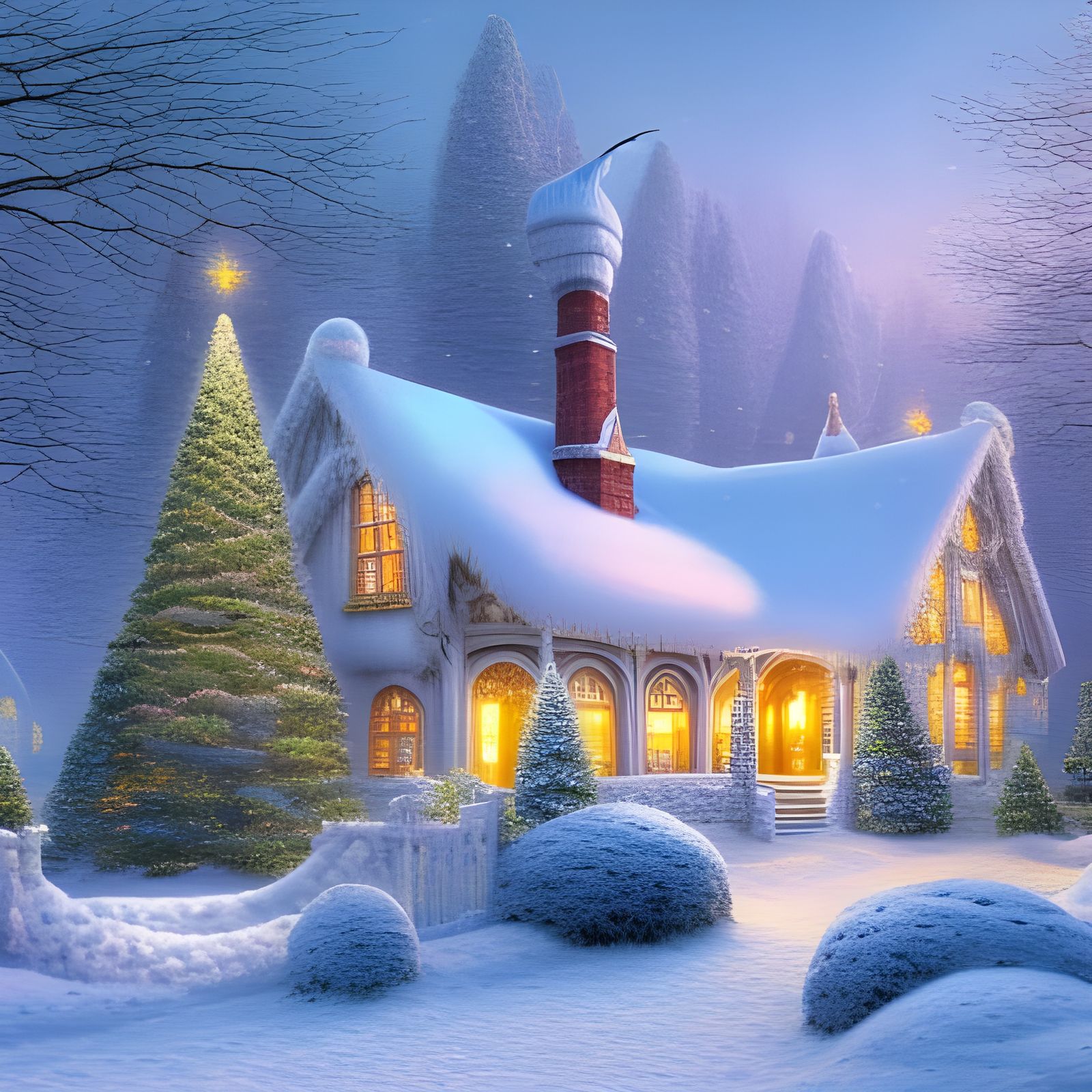 Fantasy Cottage in Snow Forest, Hyperrealistic Winter Scene