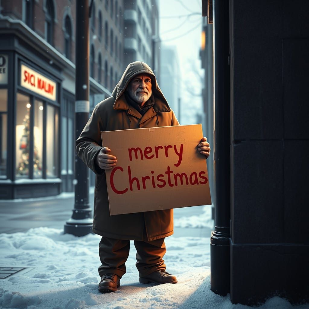 Homeless Man in Snowy Christmas Scene in 3D Anime Style