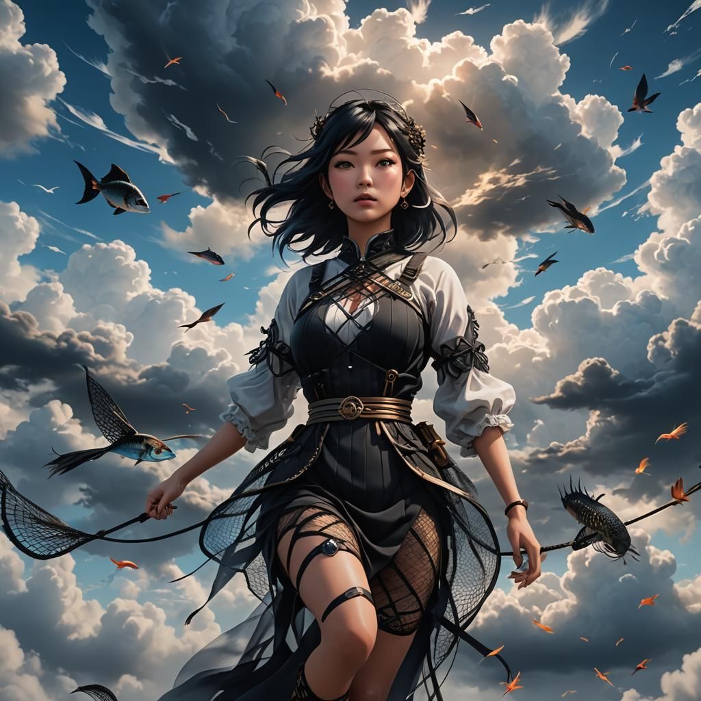 Anime Asian Woman in Clouds: Detailed Matte Painting